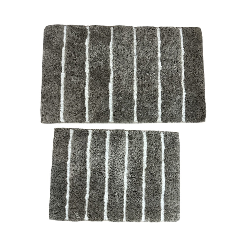 Gray and White Striped Bath Mat Set of 2 Plush Shaggy Non-Slip Rectangular Rugs